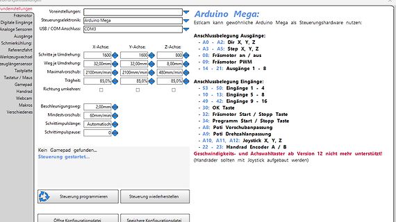 Konfigurationssoftware für Arduino Mega Steuerung