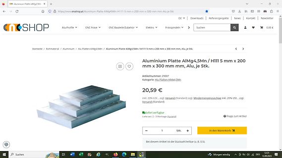 Webseite eines Online-Shops für Aluminiumplatten