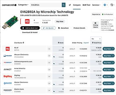 Webseite eines Online-Shops für ein Microchip Evaluation Board