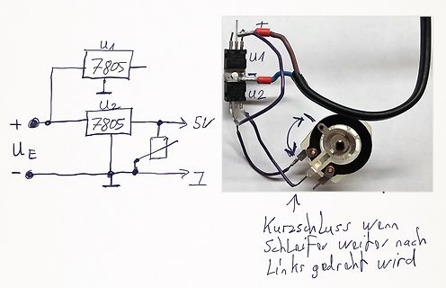 Schaltplan und Foto eines Versuchsaufbaus mit Spannungsreglern und Potentiometer