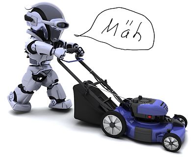 Roboter mäht Rasen mit Sprechblase
