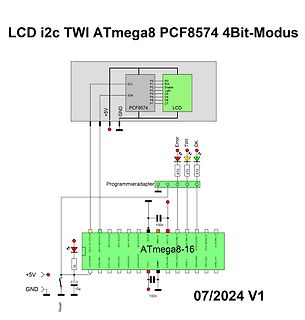 Schaltplan ATmega8 mit PCF8574 und LCD-Ansteuerung