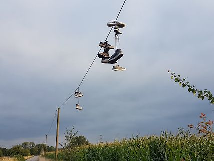 An Stromleitungen hängende Schuhe
