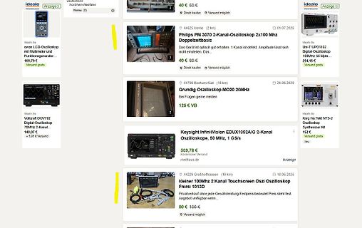Screenshot von Kleinanzeigen-Suchergebnissen für Oszilloskope