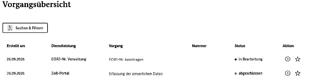 Tabellenübersicht einer Vorgangsliste