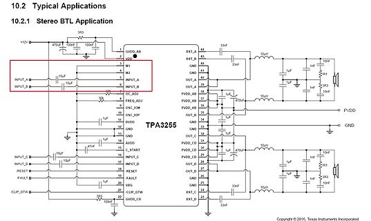 Schaltplan einer Stereo BTL Anwendung mit TPA3255