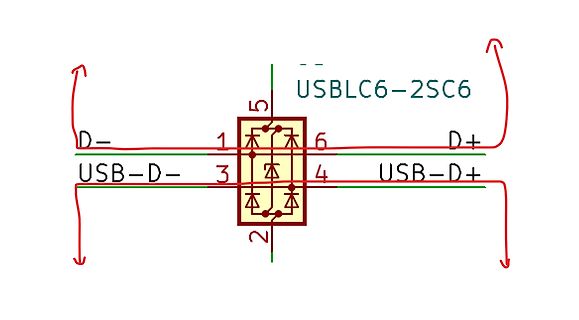 Schaltplan eines USB-Schutzbauteils USBLC6-2SC6
