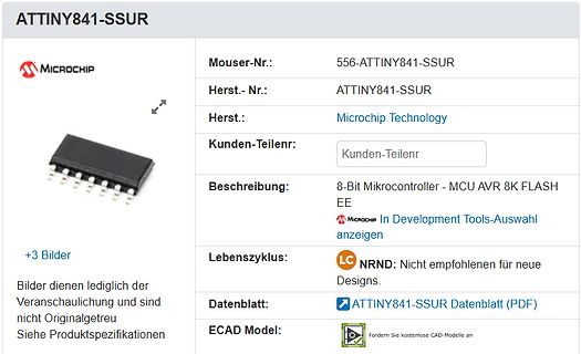 Produktdetailseite eines Microchip ATTINY841-SSUR Mikrocontrollers