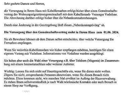 Text über Änderung der Kabelfernseh-Versorgung