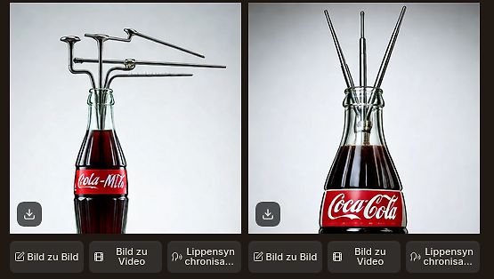Zwei Coca-Cola Flaschen mit Metallobjekten als Deckel