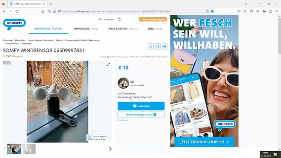 Screenshot einer Verkaufsanzeige für einen Somfy Windsensor