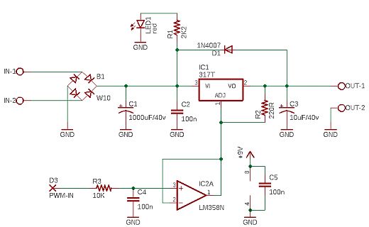 Schaltplan mit Brückengleichrichter, LM317 und LM358