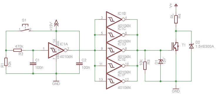 Schaltplan einer Schaltung mit Schmitt-Trigger-Gattern und Transistor