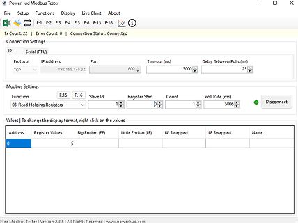 Screenshot eines Modbus Testers