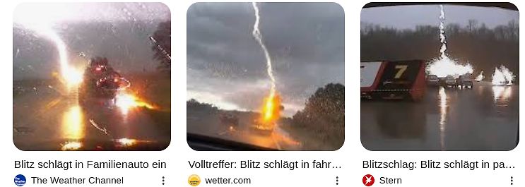 Drei Fotos von Blitzeinschlägen in Fahrzeuge