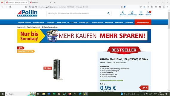 Webseite eines Elektronik-Shops mit Elektrolytkondensatoren