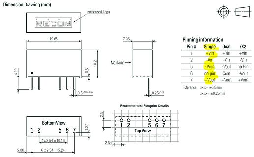 Maßzeichnung und Pinbelegung eines RECOM Moduls