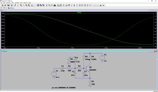 Schaltplan und Frequenzgang-Analyse in LTspice