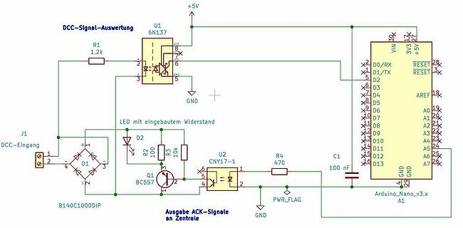 Schaltplan einer DCC-Signal-Auswertung mit Arduino Nano