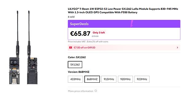 Screenshot eines Online-Shops für LILYGO T-Beam Modul