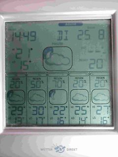 Digitales Wetterdisplay mit Temperatur und Regenwahrscheinlichkeit