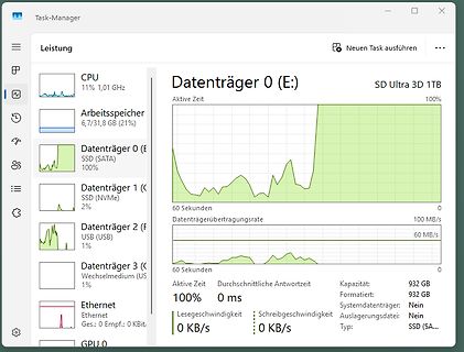 Windows Task-Manager Leistungsübersicht Datenträgernutzung
