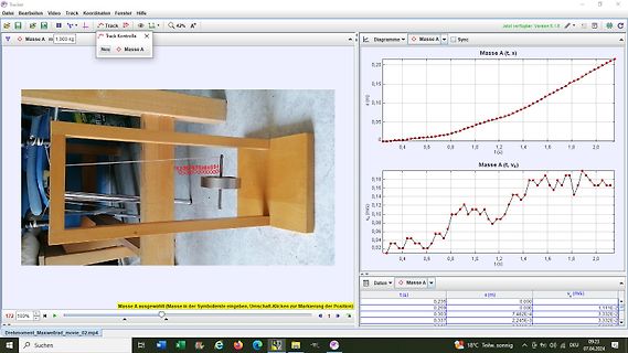 Tracker Software mit physikalischem Versuchsaufbau und Diagrammen