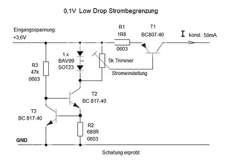 Schaltplan einer Strombegrenzung mit 0,1V Spannungsabfall