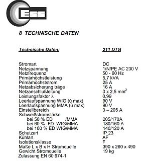 Technische Daten eines Schweißgeräts