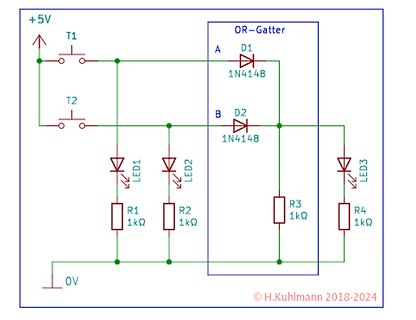 Schaltplan einer OR-Gatter Logikschaltung mit LEDs