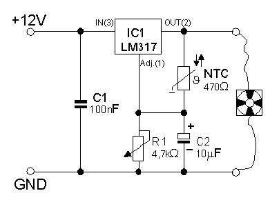 Schaltplan mit LM317 Spannungsregler und NTC