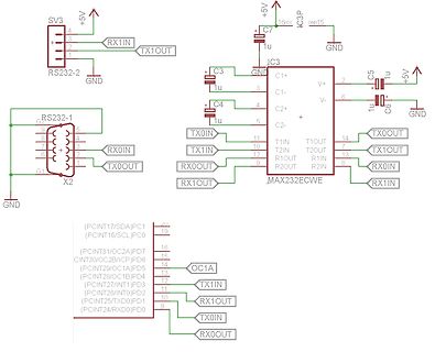 Schaltplan einer RS232-Schnittstelle und Mikrocontroller-Pinbelegung