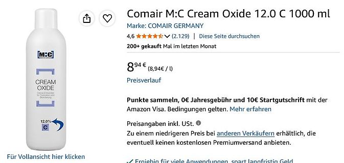 Amazon-Produktseite von Comair M:C Cream Oxide
