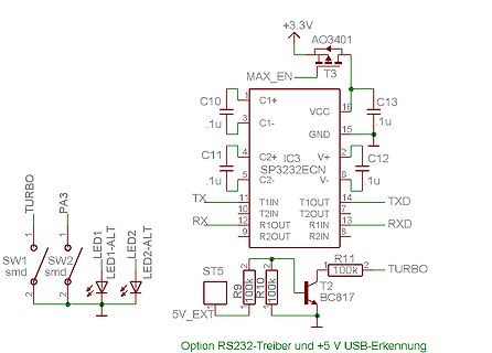Schaltplan eines RS232-Treibers mit USB-Erkennung