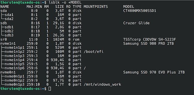 Linux lsblk Ausgabe der Festplatten und Partitionen