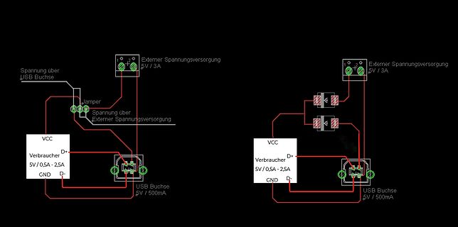Schaltplan zur Stromversorgung über USB oder externe Spannungsversorgung