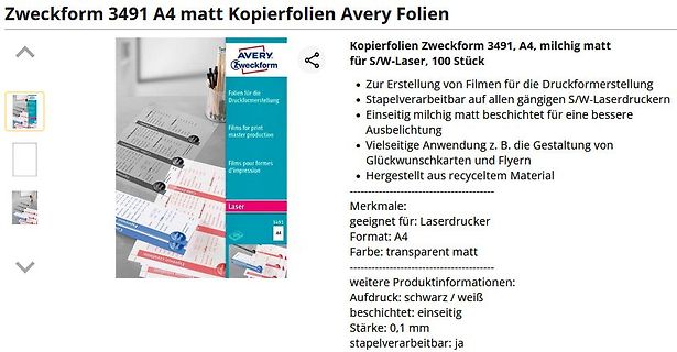 Produktseite für Avery Zweckform Kopierfolien