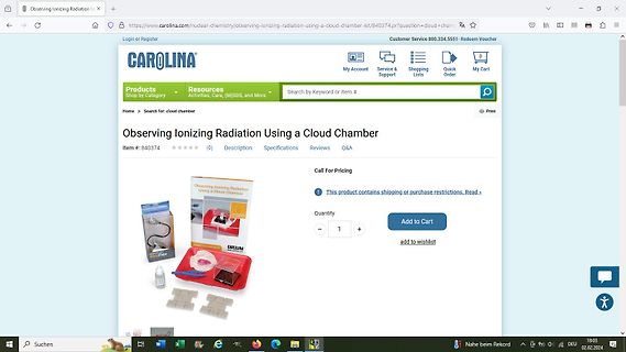 Webseite eines Cloud Chamber Kits