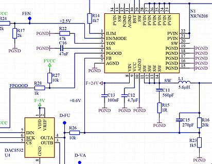 Schaltplan eines DC/DC-Wandlers und DACs