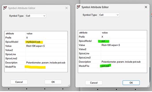 Symbol Attribute Editor Einstellungen für SpiceModel und ModelFile