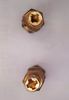 Zwei goldfarbene Schrauben mit Kreuzschlitz