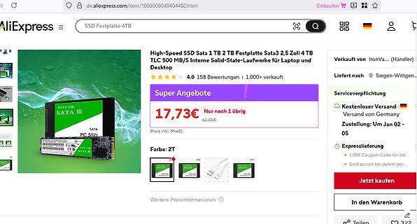 AliExpress Produktseite für eine SSD Festplatte
