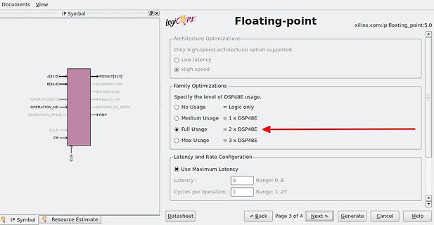 Konfigurationsfenster eines Floating-point IP Symbols