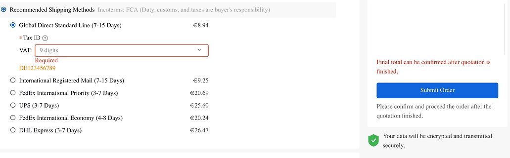 Versandmethoden Auswahl im Online-Shop