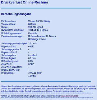 Ergebnis einer Druckverlustberechnung