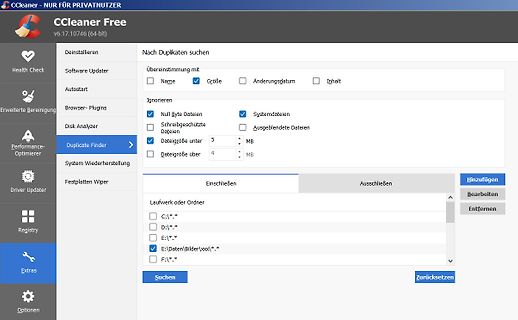 Screenshot der CCleaner Free Duplicate Finder Funktion