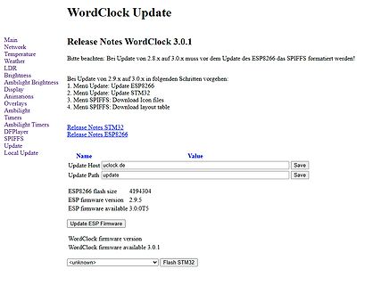 Webinterface WordClock Update Release Notes