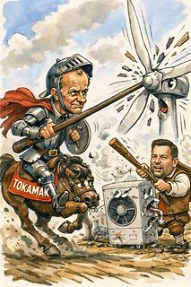 Comic-Illustration eines Ritters auf einem Pferd gegen eine Windmühle