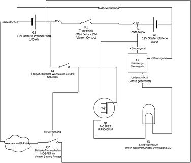 Schaltplan einer Wohnmobil-Elektrik mit Trennrelais und MOSFET