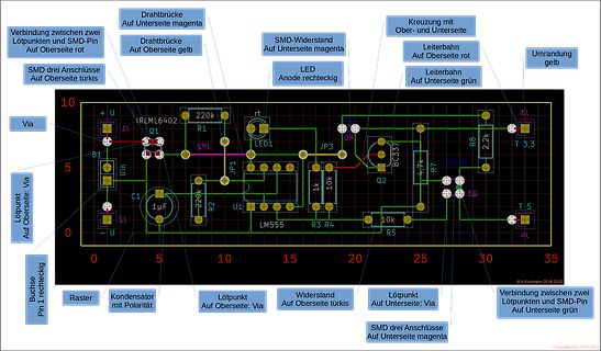 Beschriftetes PCB-Layout eines LM555-Schaltkreises
